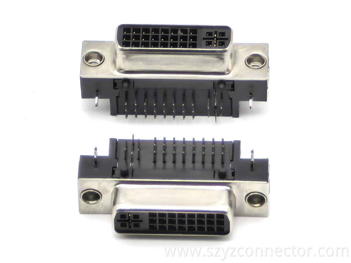 DVI Connector Right Angle DIP Female Black With Selective Gold Plating and Riveting Including Screws 29P DVI Connector Right Angle DIP Female Black With Selective Gold Plating and Riveting Including Screws 29P